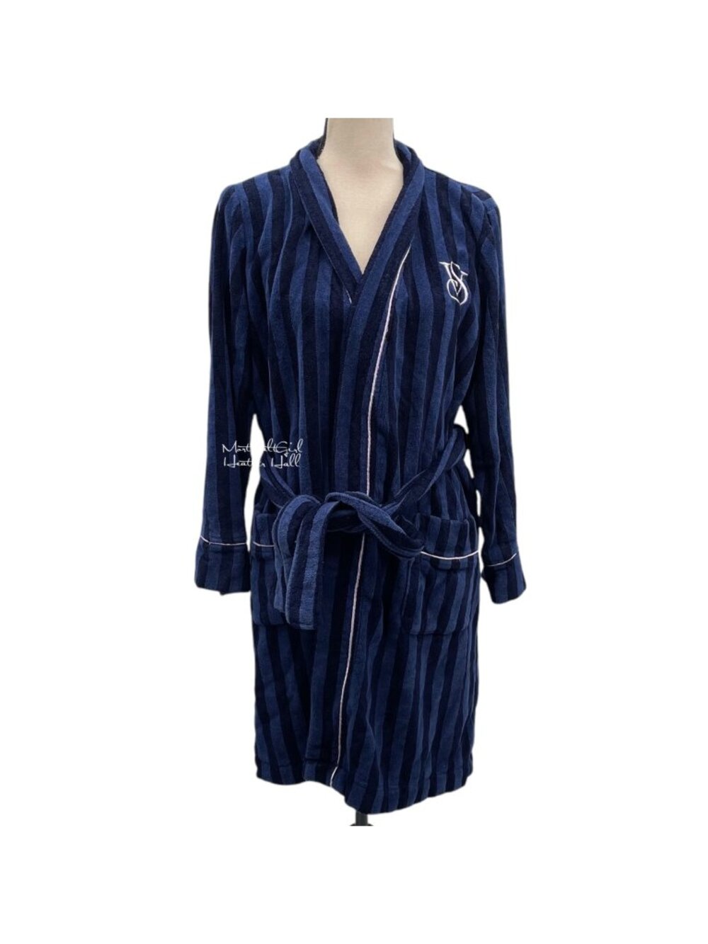 Victorias Secret Navy & Black Striped Embroidered Logo Belted Robe With Pockets